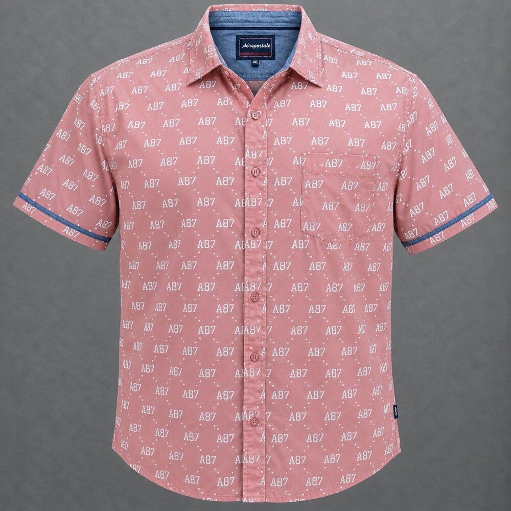 Aeropostale Men’s 4XL Coral Pink AB87 Logo Print Short Sleeve Button Up Shirt